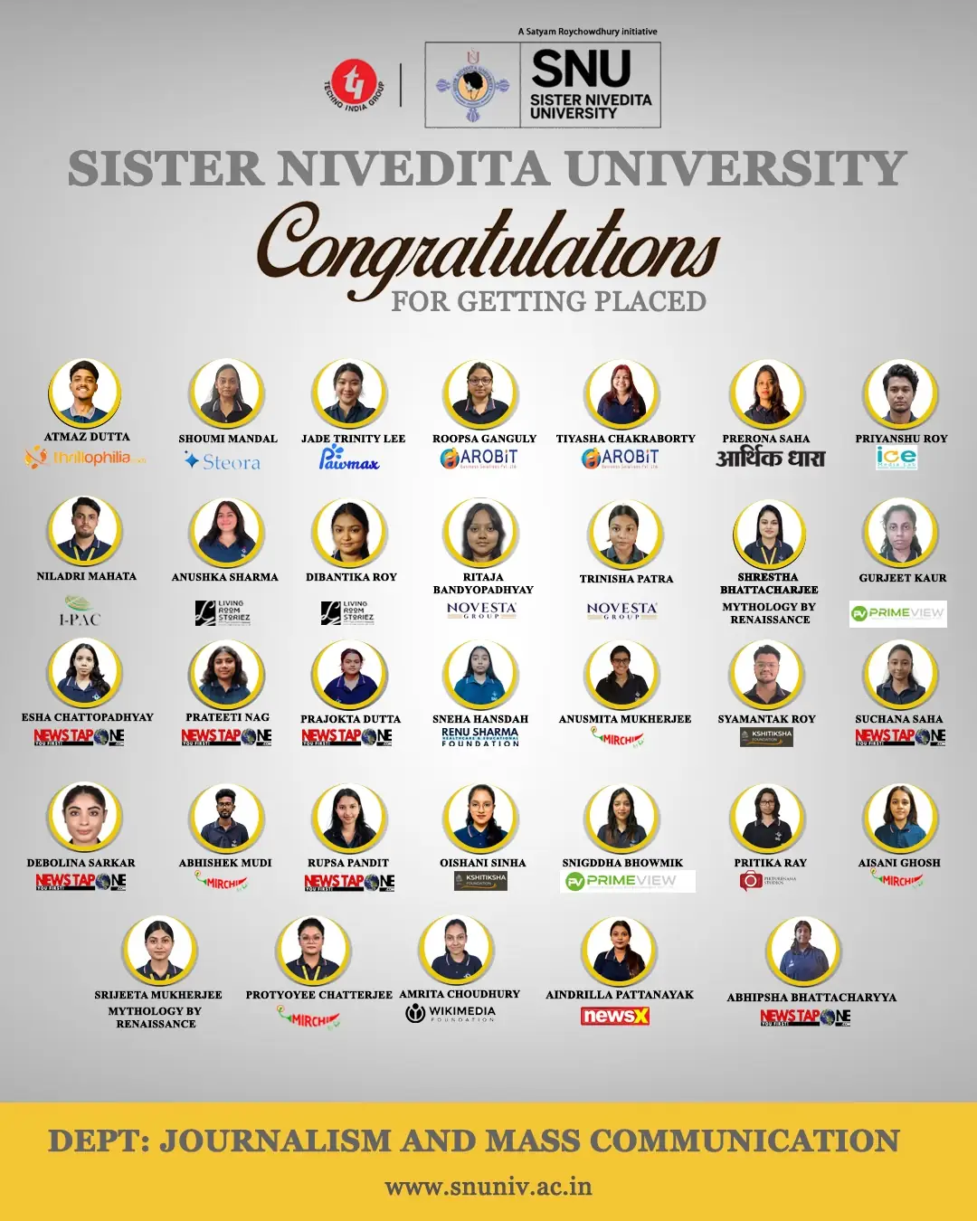 Sister Nivedita University journalism and mass communication placements
